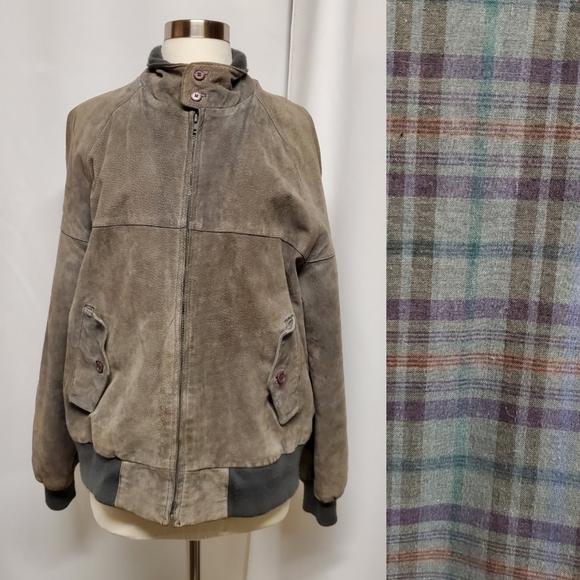 Vintage 90s y2k Gray Suede Leather Bomber Jacket The Fox Collection L - Picture 2 of 9